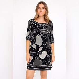 BCBGMAXAZRIA Black & Grey Shift Dress Kimono Oriental Medium Classic Career Fall